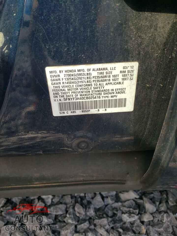 HONDA PILOT 2012 - 5FNYF3H40CB025416