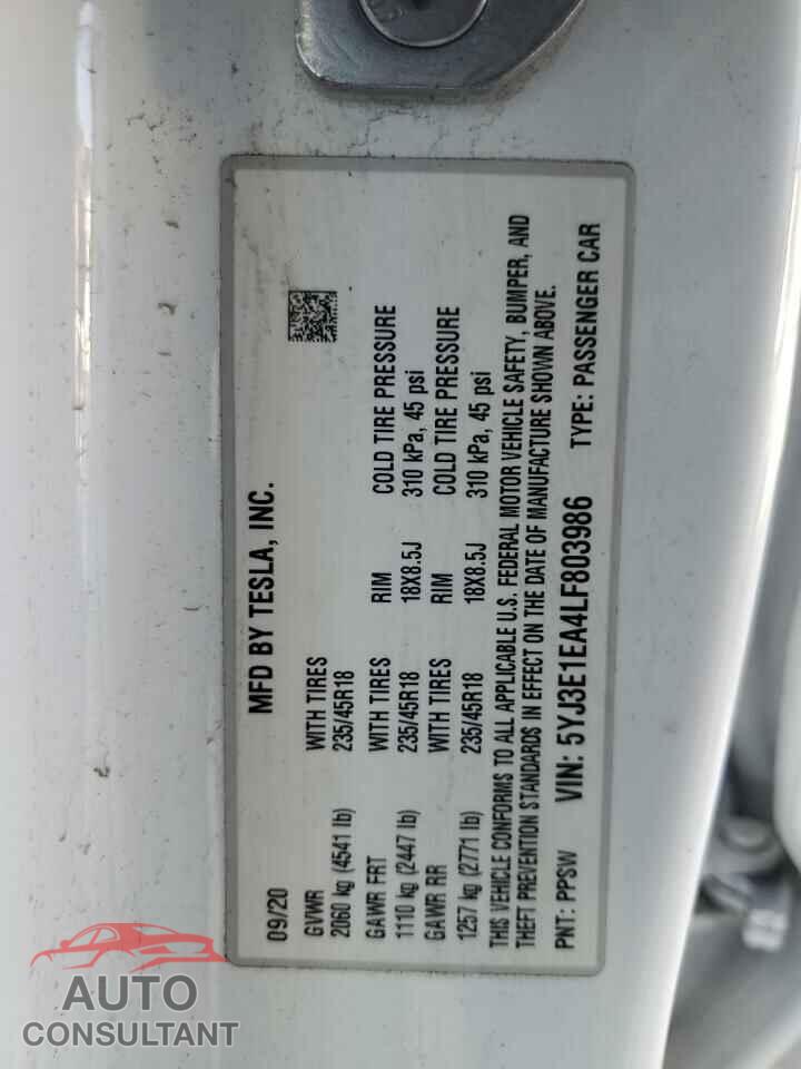 TESLA MODEL 3 2020 - 5YJ3E1EA4LF803986
