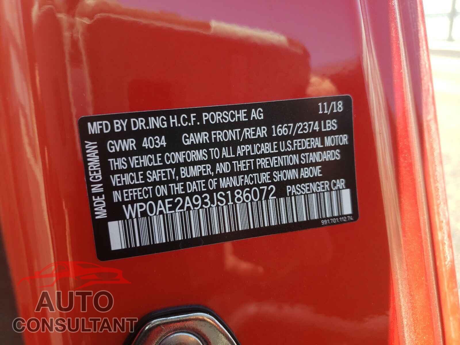 PORSCHE 911 2018 - WP0AE2A93JS186072