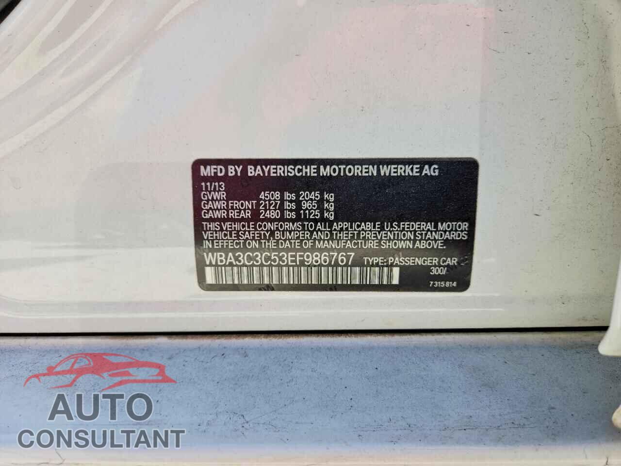 BMW 3 SERIES 2014 - WBA3C3C53EF986767