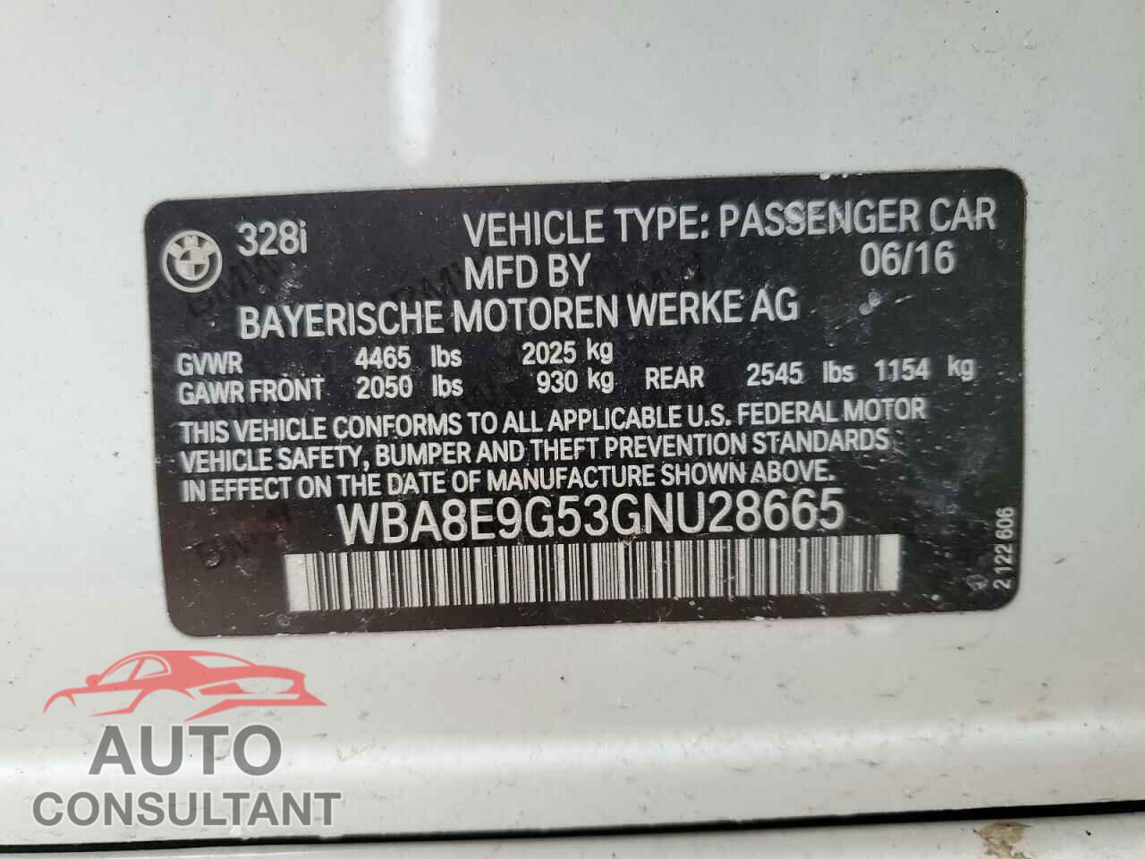 BMW 3 SERIES 2016 - WBA8E9G53GNU28665