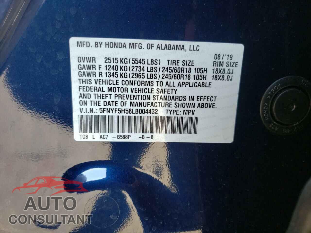 HONDA PILOT 2020 - 5FNYF5H58LB004432