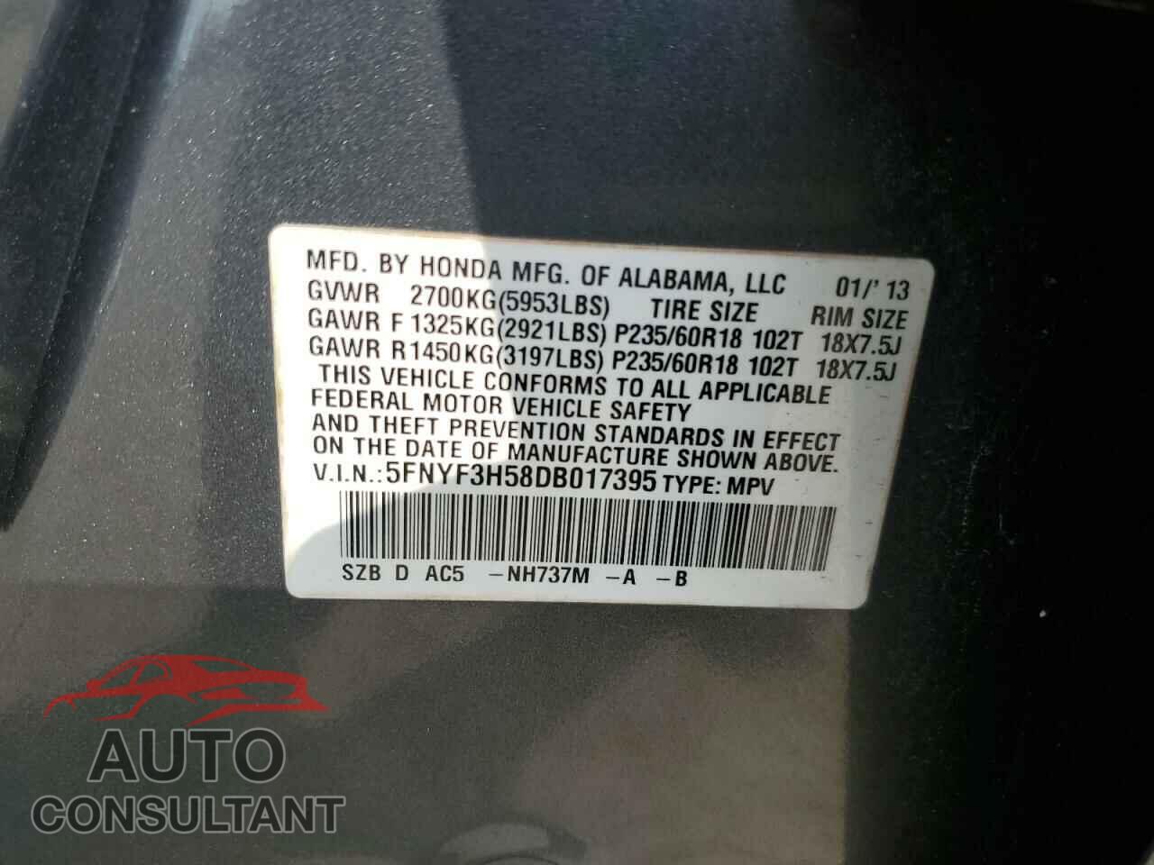 HONDA PILOT 2013 - 5FNYF3H58DB017395