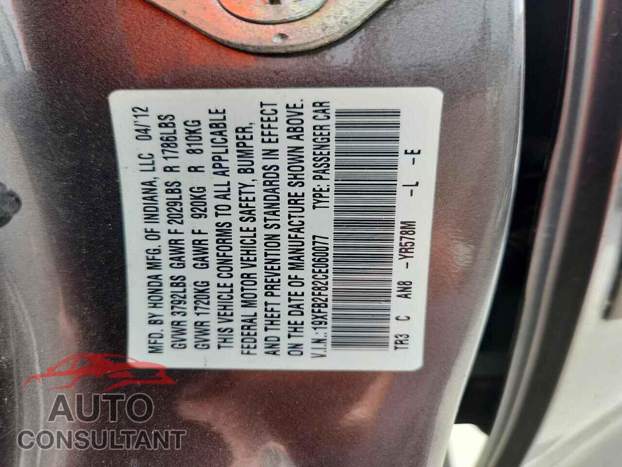 HONDA CIVIC 2012 - 19XFB2F82CE060077