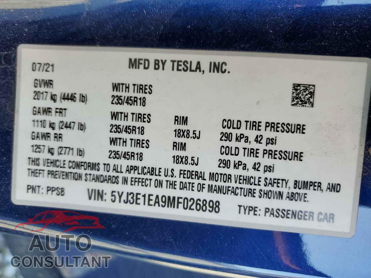 TESLA MODEL 3 2021 - 5YJ3E1EA9MF026898