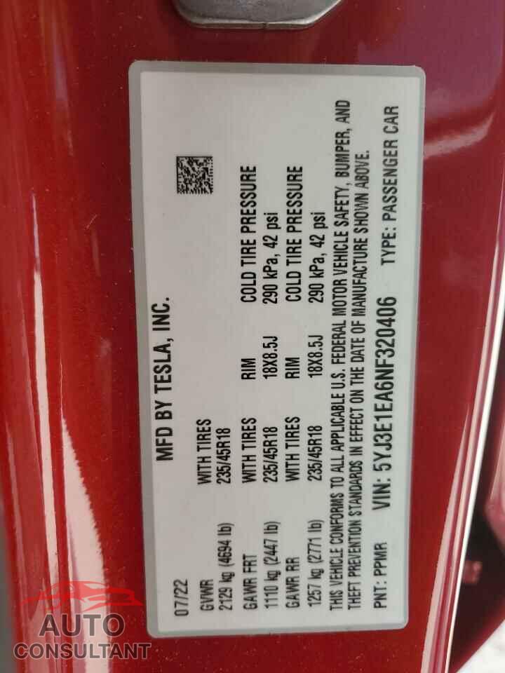TESLA MODEL 3 2022 - 5YJ3E1EA6NF320406