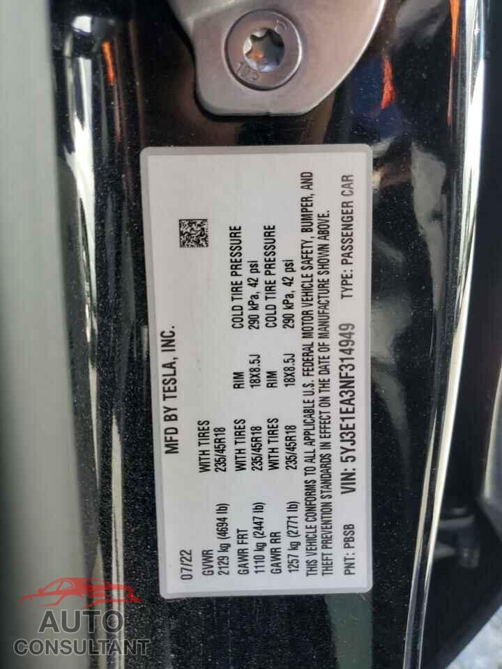 TESLA MODEL 3 2022 - 5YJ3E1EA3NF314949