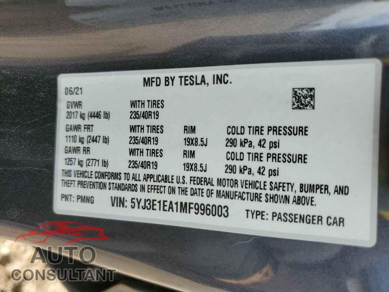 TESLA MODEL 3 2021 - 5YJ3E1EA1MF996003