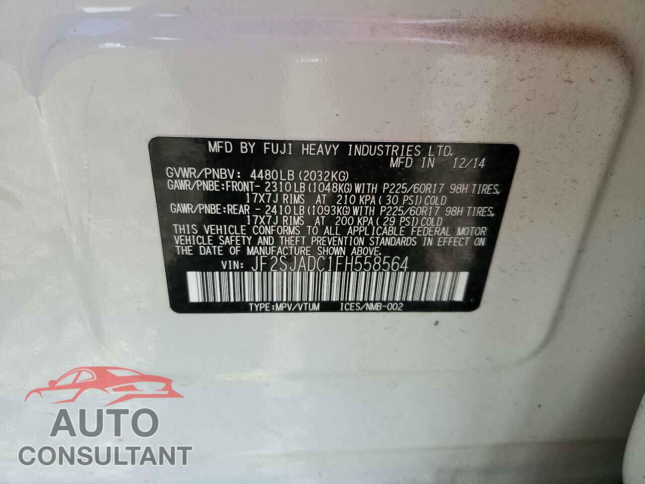 SUBARU FORESTER 2015 - JF2SJADC1FH558564