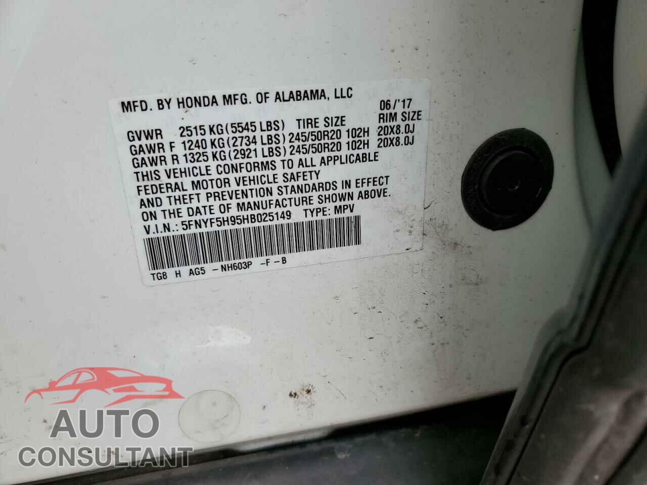 HONDA PILOT 2017 - 5FNYF5H95HB025149