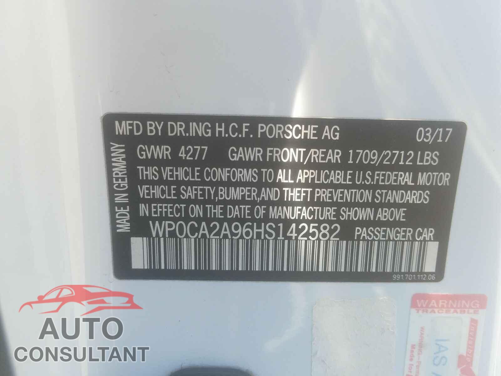 PORSCHE 911 2017 - WP0CA2A96HS142582