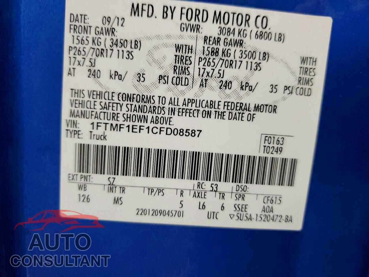 FORD F150 2012 - 1FTMF1EF1CFD08587