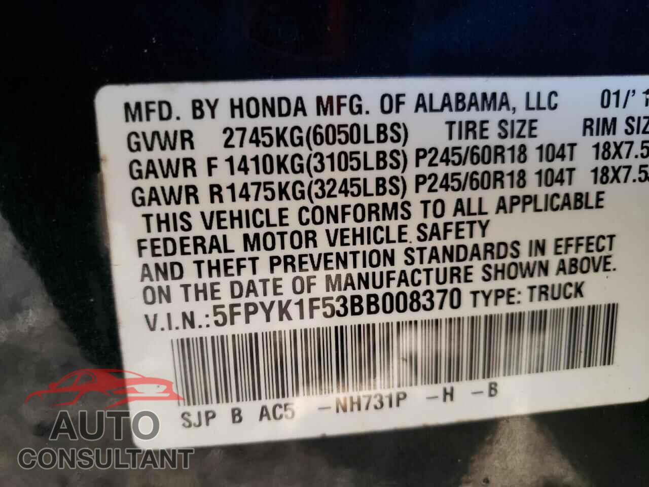 HONDA RIDGELINE 2011 - 5FPYK1F53BB008370