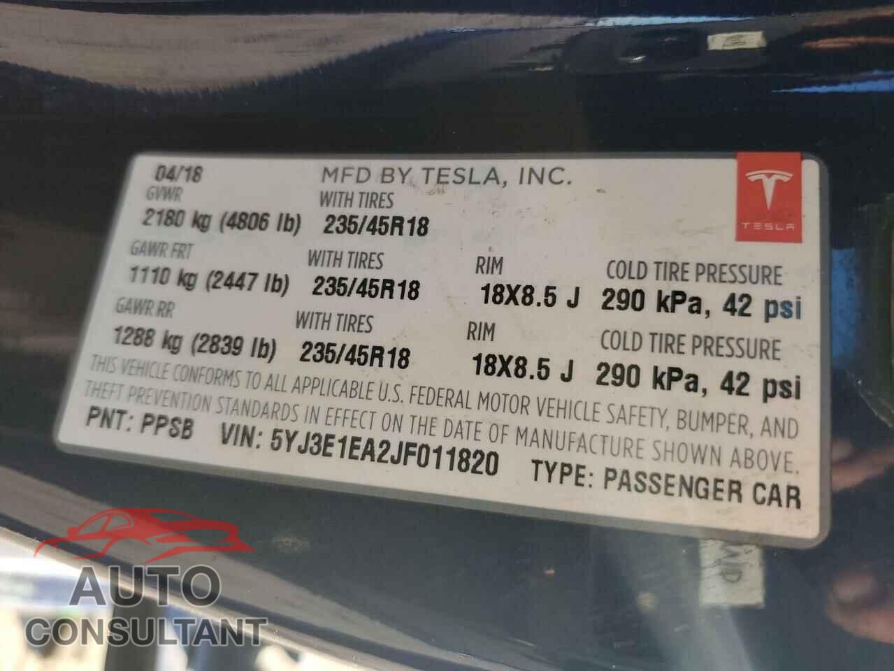 TESLA MODEL 3 2018 - 5YJ3E1EA2JF011820