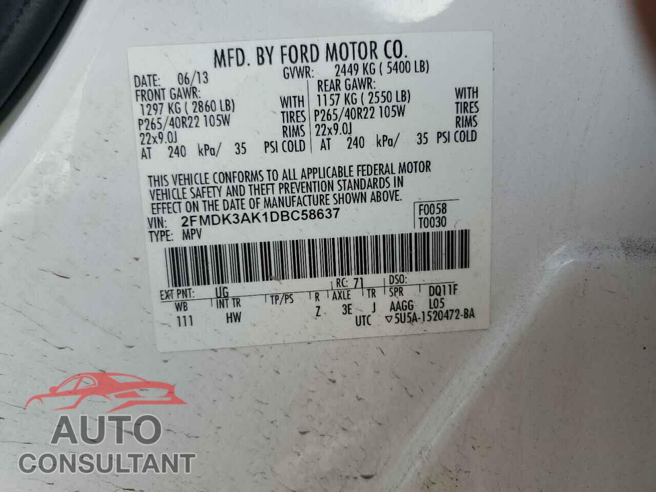 FORD EDGE 2013 - 2FMDK3AK1DBC58637