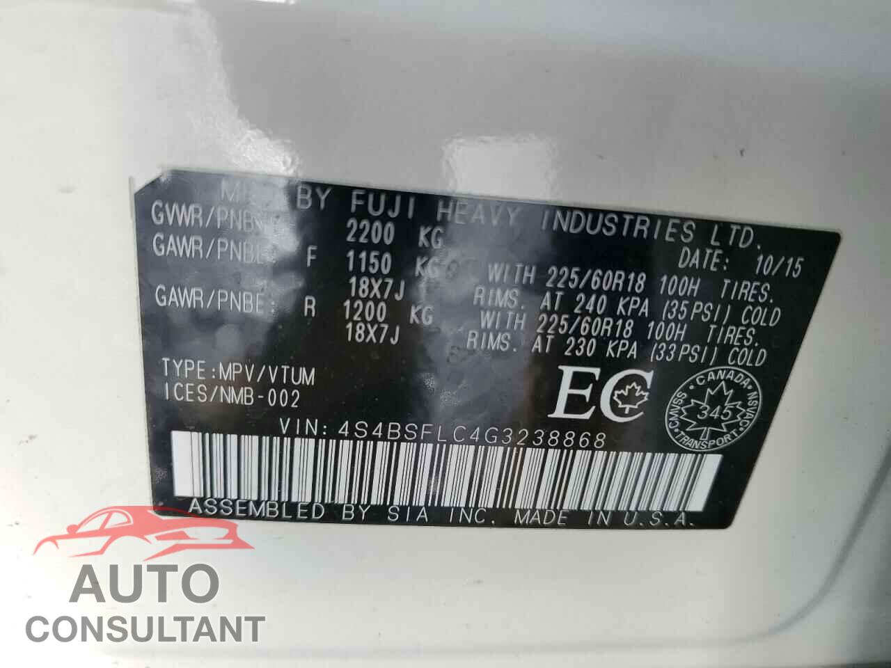 SUBARU OUTBACK 2016 - 4S4BSFLC4G3238868