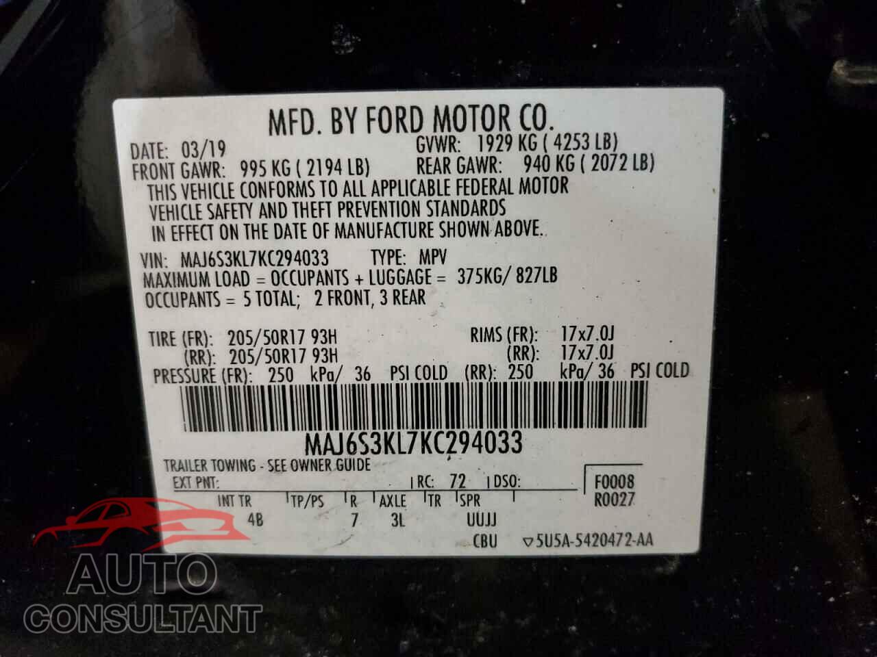 FORD ECOSPORT 2019 - MAJ6S3KL7KC294033