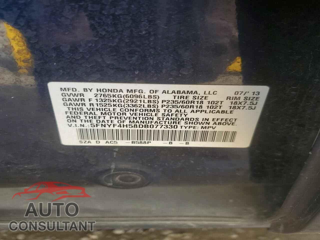 HONDA PILOT 2013 - 5FNYF4H58DB077330