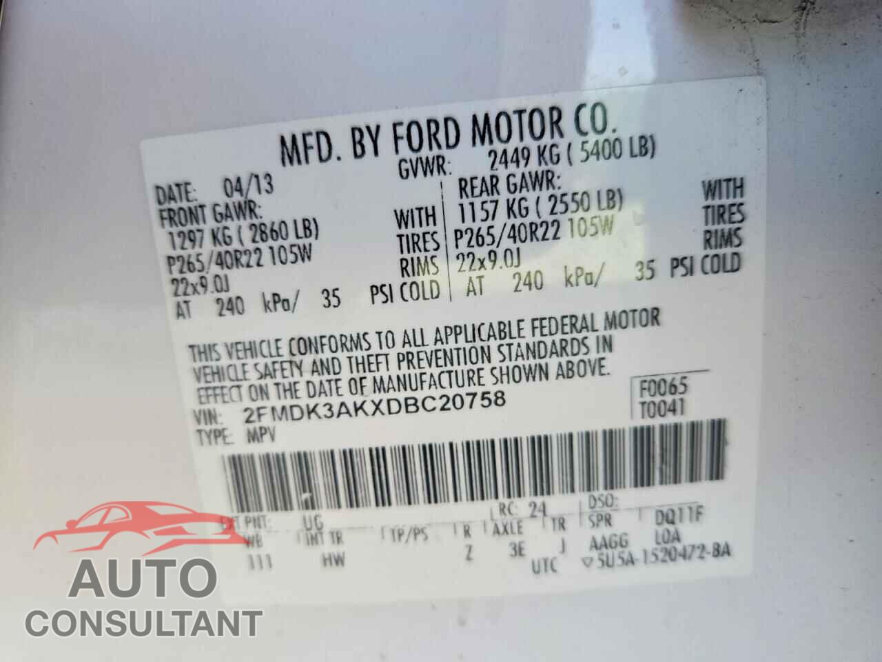 FORD EDGE 2013 - 2FMDK3AKXDBC20758