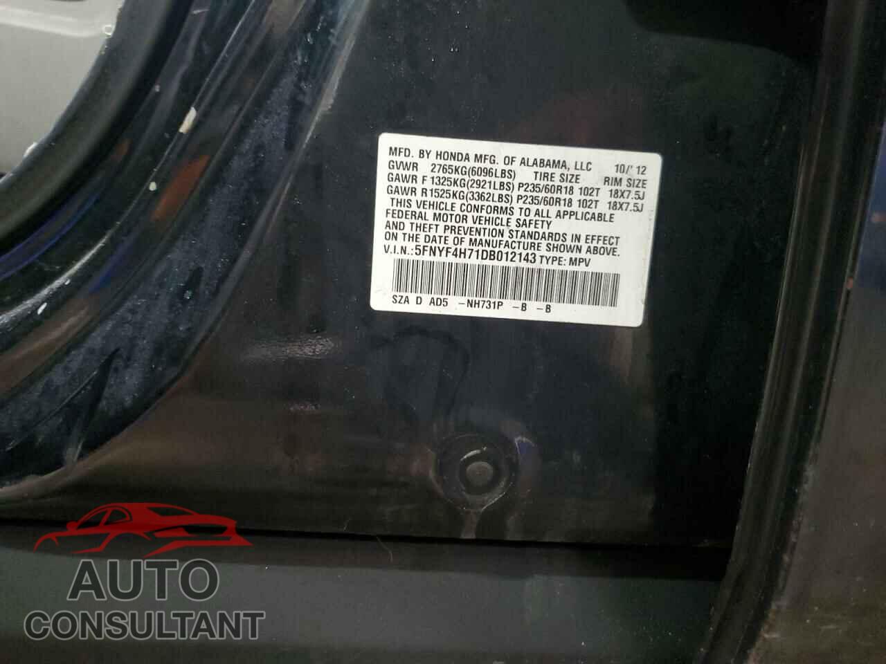 HONDA PILOT 2013 - 5FNYF4H71DB012143