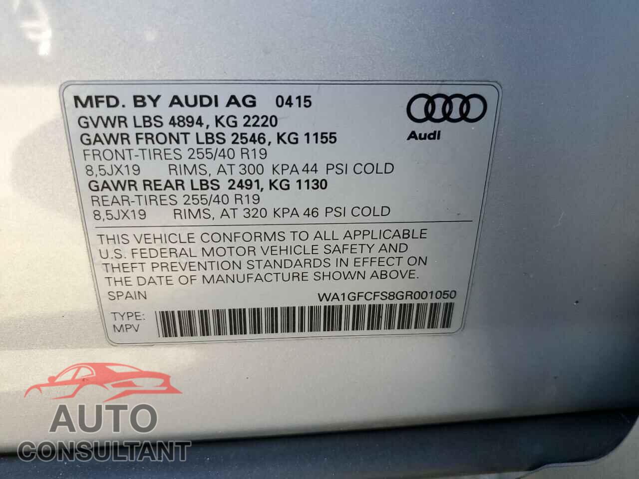AUDI Q3 2016 - WA1GFCFS8GR001050