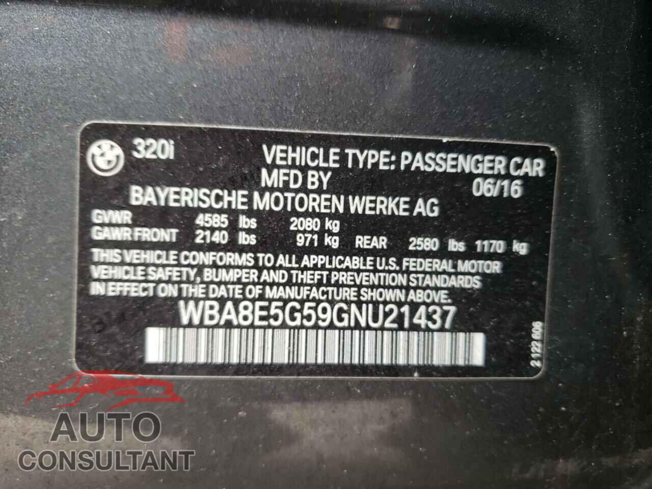 BMW 3 SERIES 2016 - WBA8E5G59GNU21437