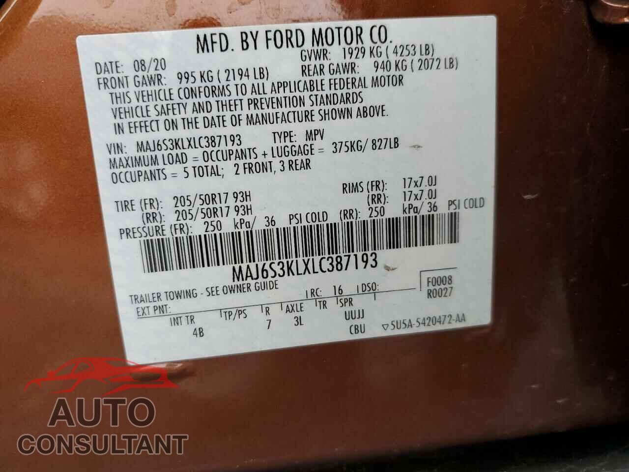 FORD ECOSPORT 2020 - MAJ6S3KLXLC387193
