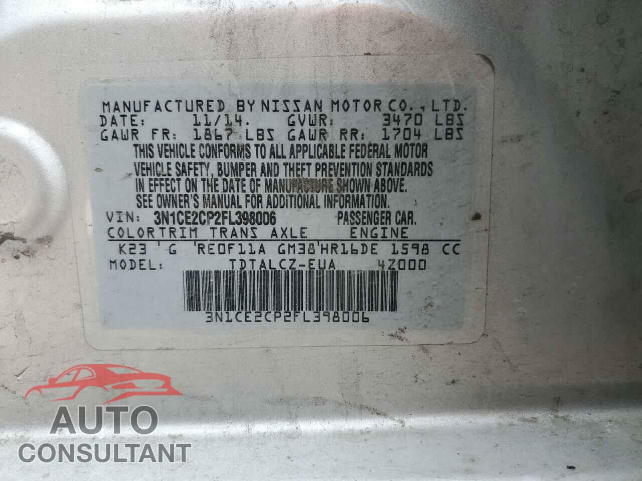 NISSAN VERSA 2015 - 3N1CE2CP2FL398006