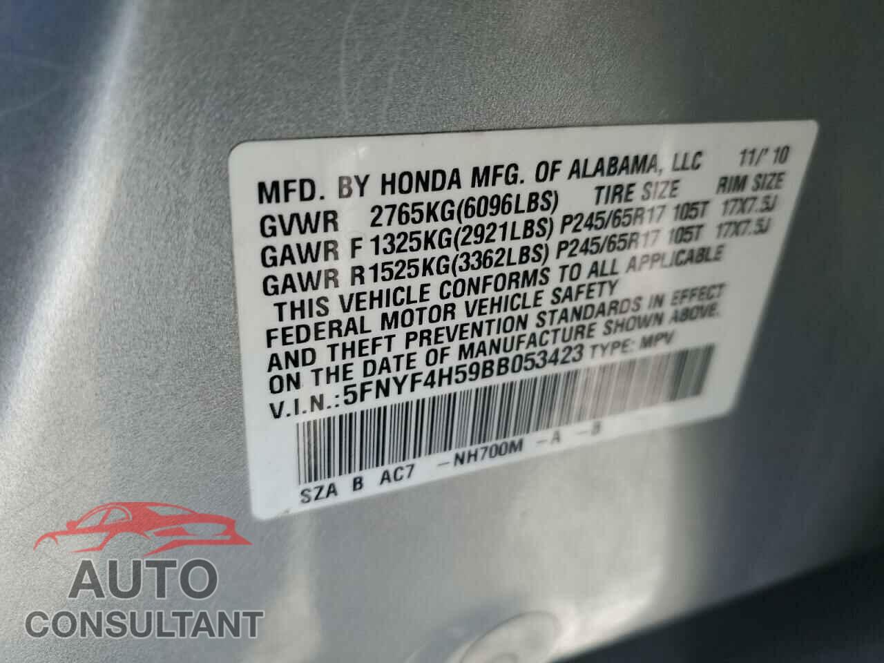 HONDA PILOT 2011 - 5FNYF4H59BB053423
