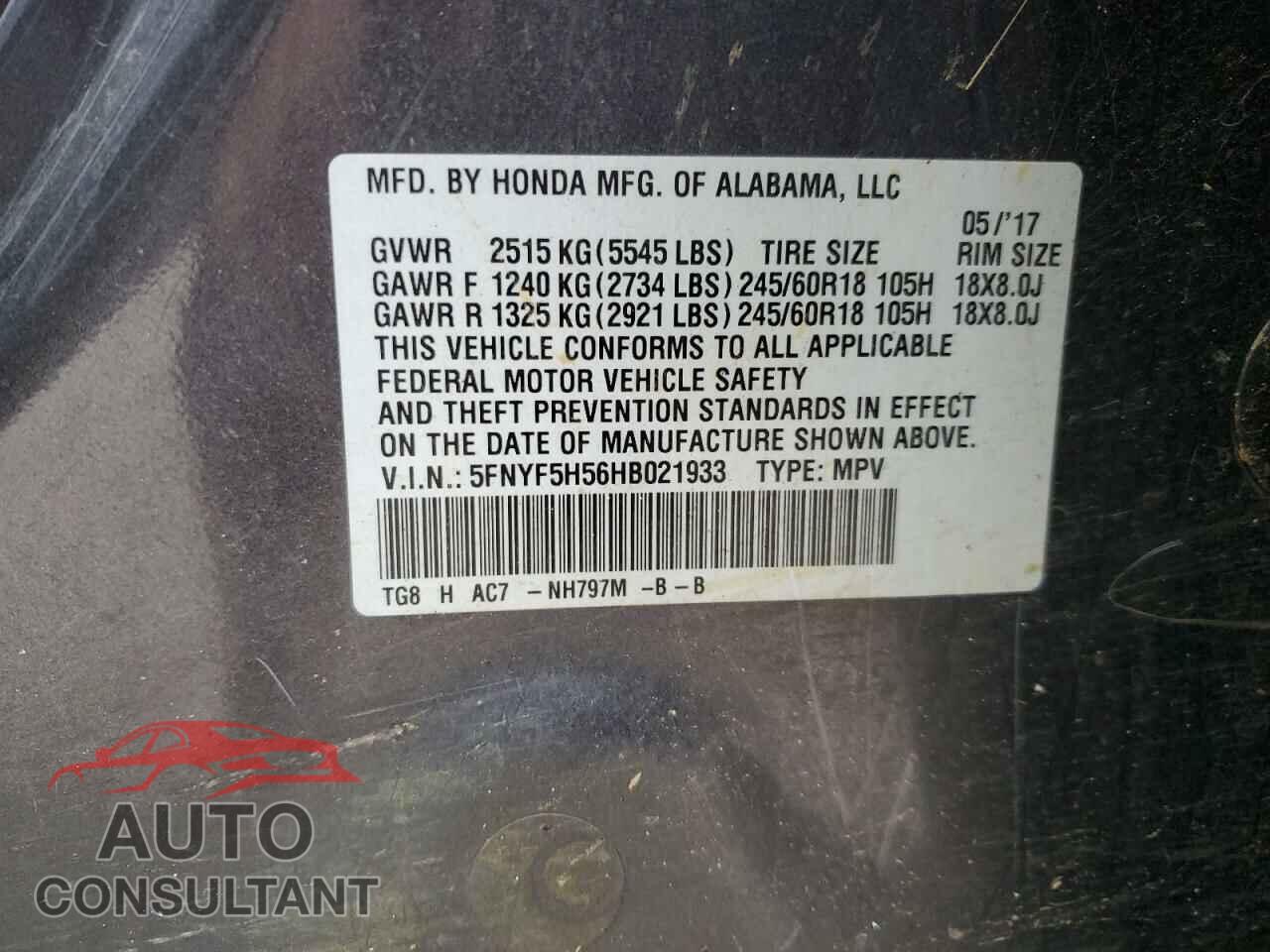 HONDA PILOT 2017 - 5FNYF5H56HB021933