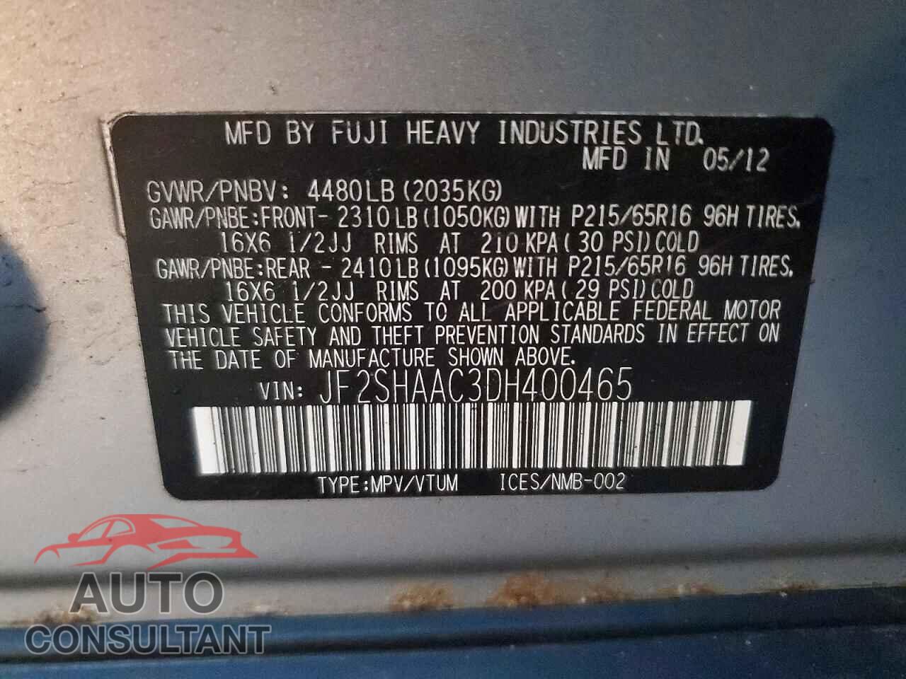 SUBARU FORESTER 2013 - JF2SHAAC3DH400465