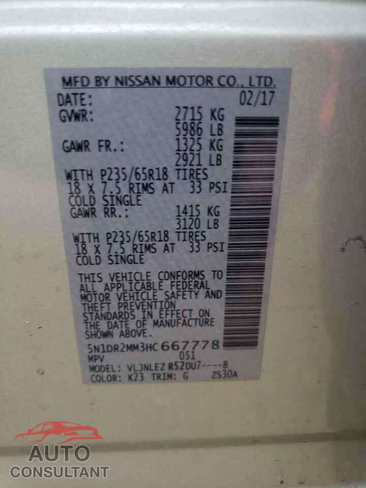 NISSAN PATHFINDER 2017 - 5N1DR2MM3HC667778