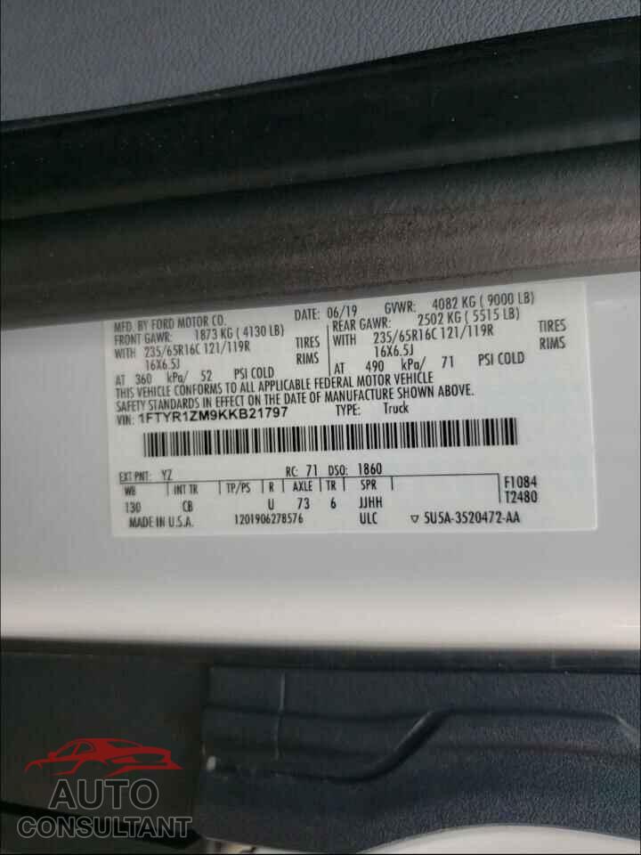 FORD TRANSIT CO 2019 - 1FTYR1ZM9KKB21797