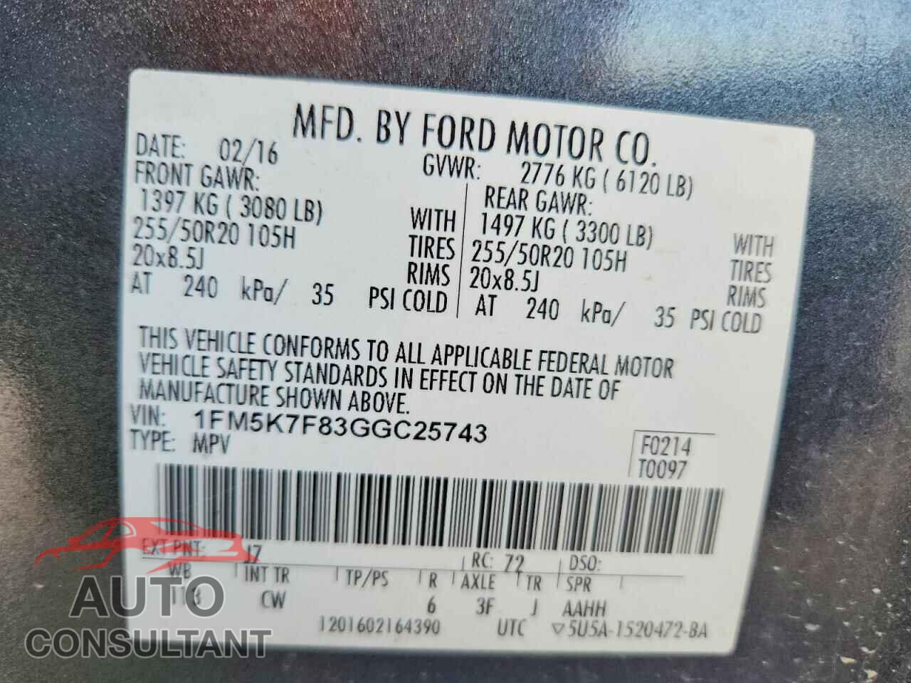 FORD EXPLORER 2016 - 1FM5K7F83GGC25743