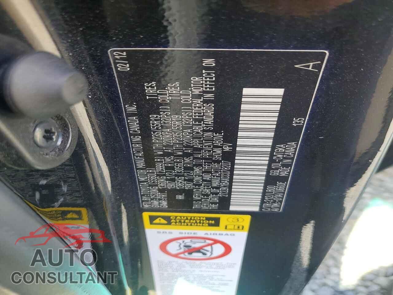 LEXUS RX350 2012 - 2T2ZK1BAXCC078207