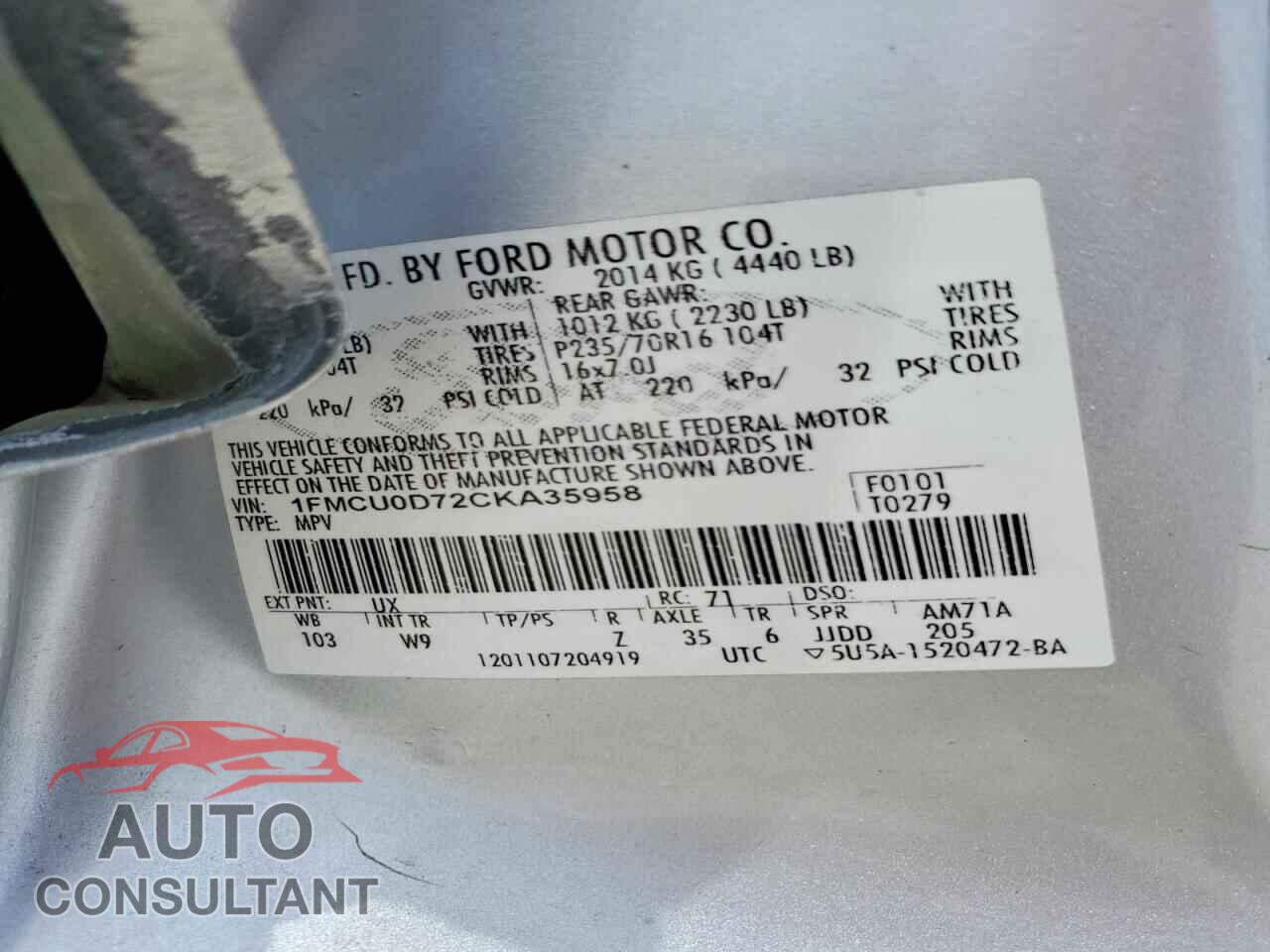 FORD ESCAPE 2012 - 1FMCU0D72CKA35958
