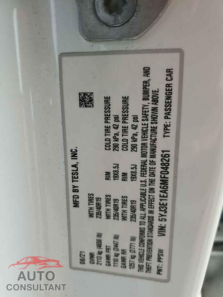 TESLA MODEL 3 2021 - 5YJ3E1EA6MF048261