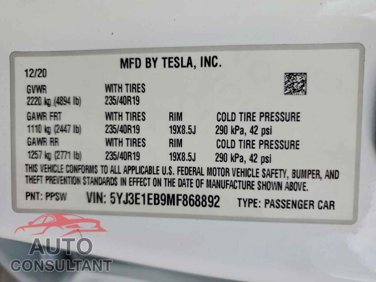 TESLA MODEL 3 2021 - 5YJ3E1EB9MF868892