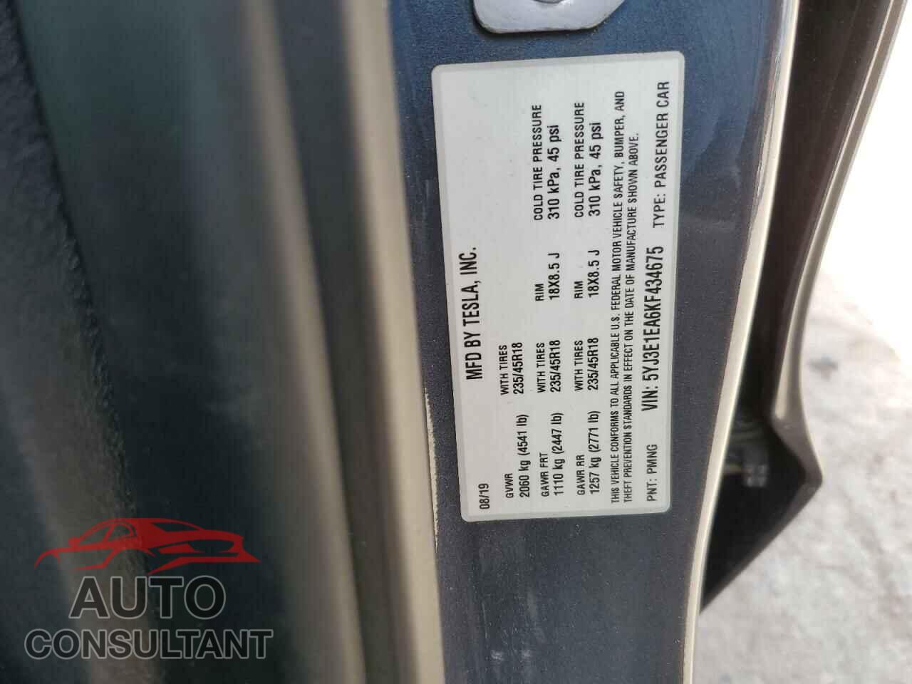 TESLA MODEL 3 2019 - 5YJ3E1EA6KF434675