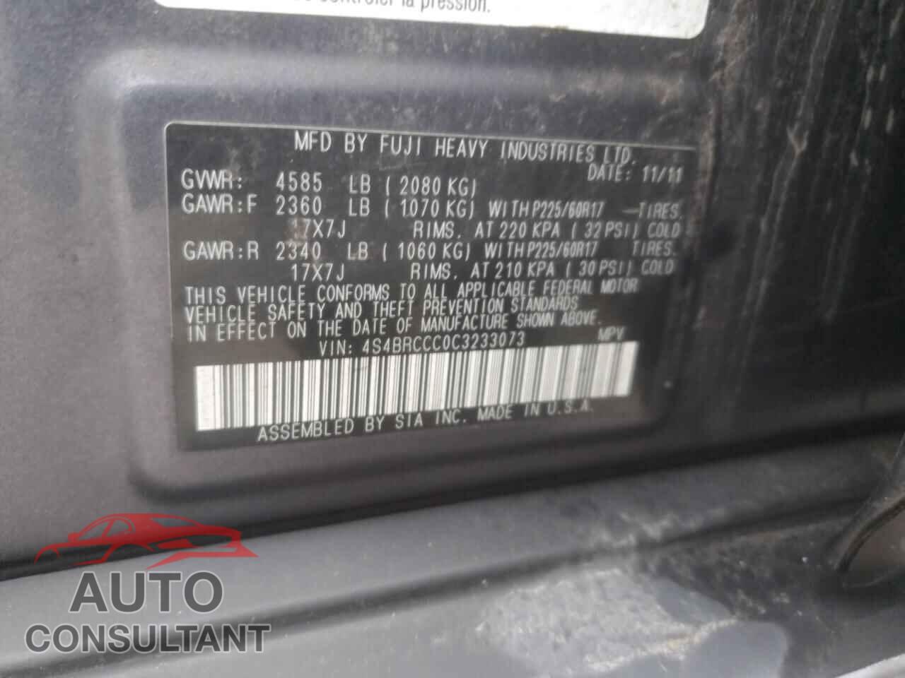 SUBARU OUTBACK 2012 - 4S4BRCCC0C3233073