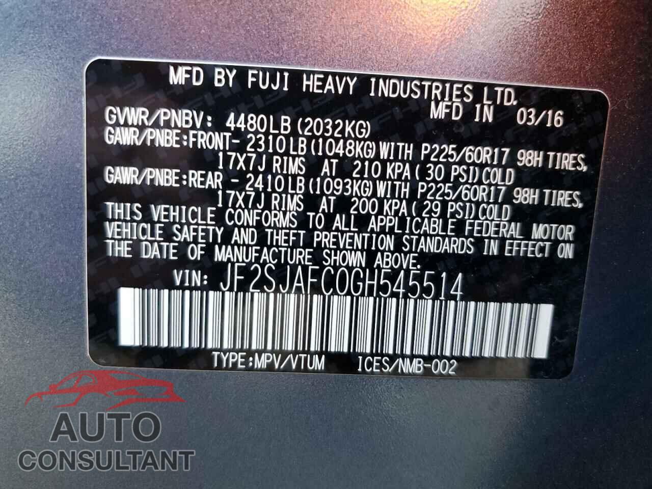 SUBARU FORESTER 2016 - JF2SJAFC0GH545514