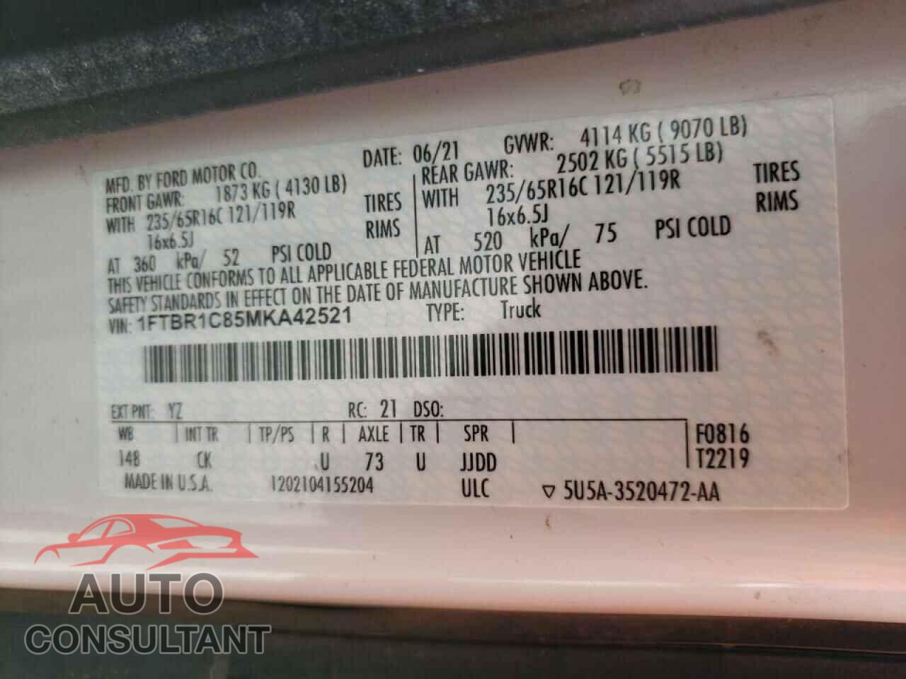 FORD TRANSIT CO 2021 - 1FTBR1C85MKA42521