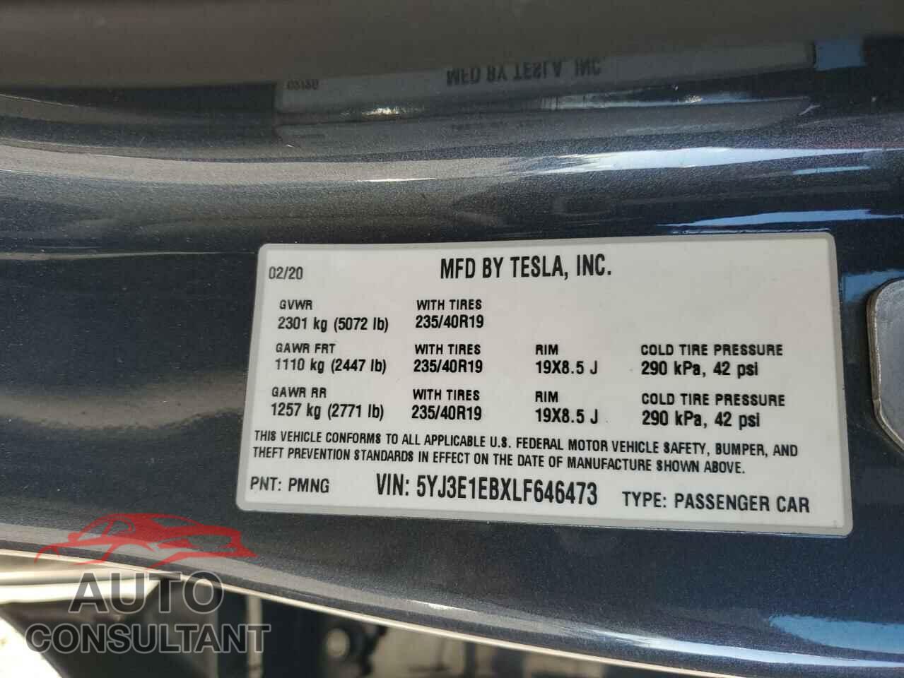 TESLA MODEL 3 2020 - 5YJ3E1EBXLF646473