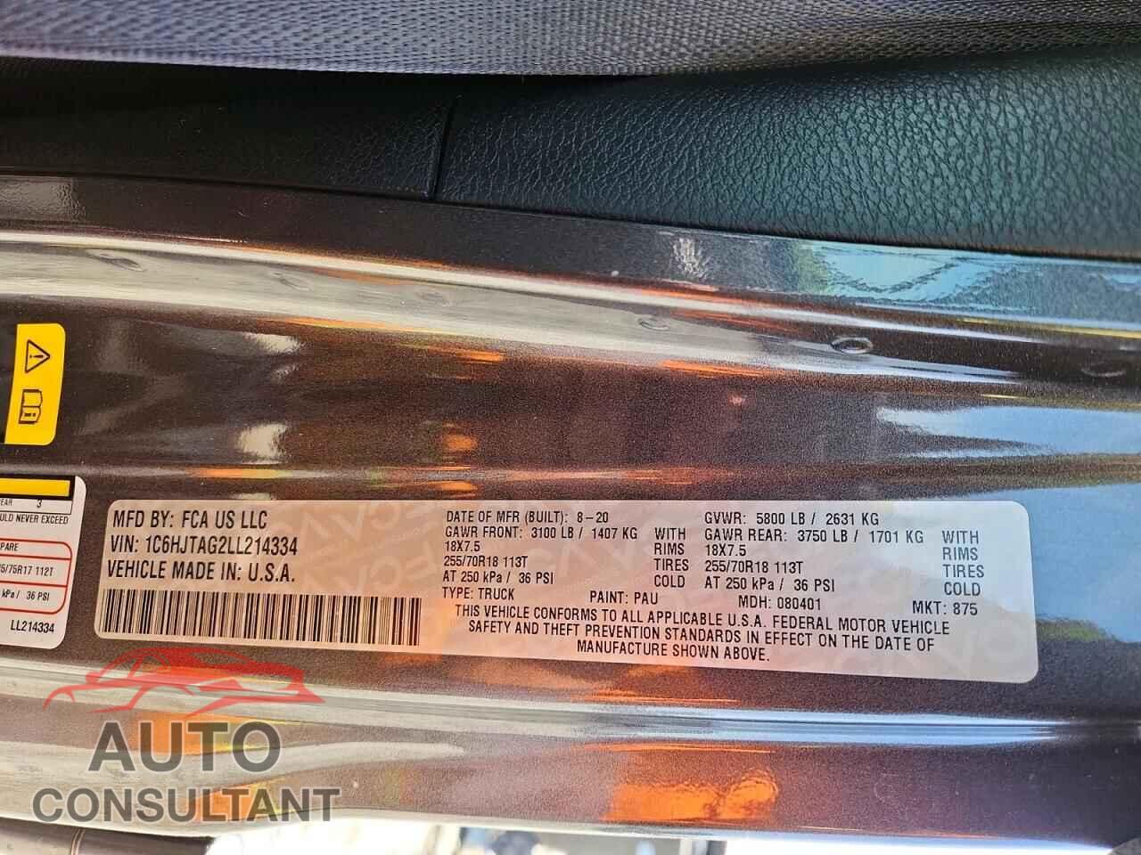 JEEP GLADIATOR 2020 - 1C6HJTAG2LL214334