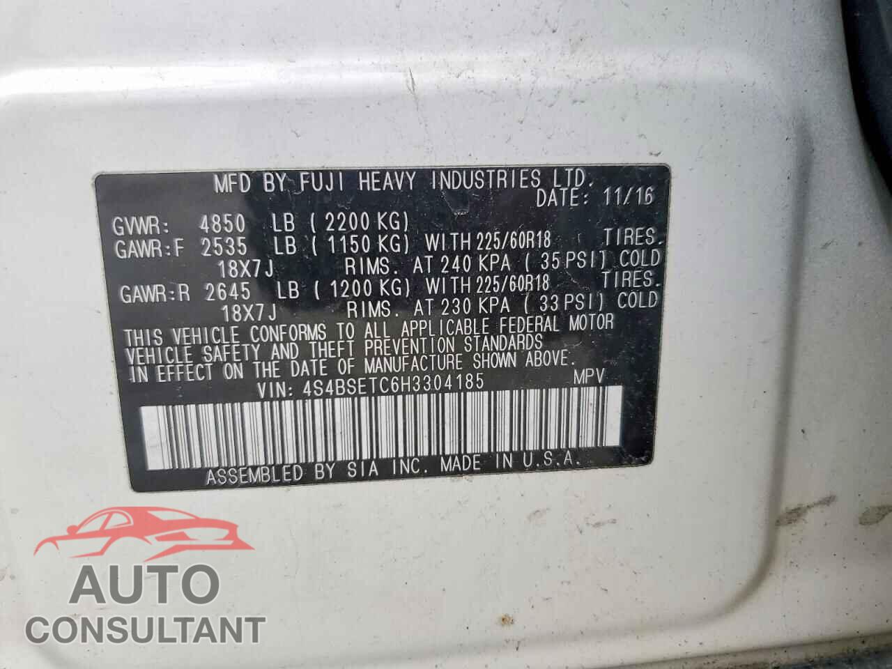 SUBARU OUTBACK 2017 - 4S4BSETC6H3304185