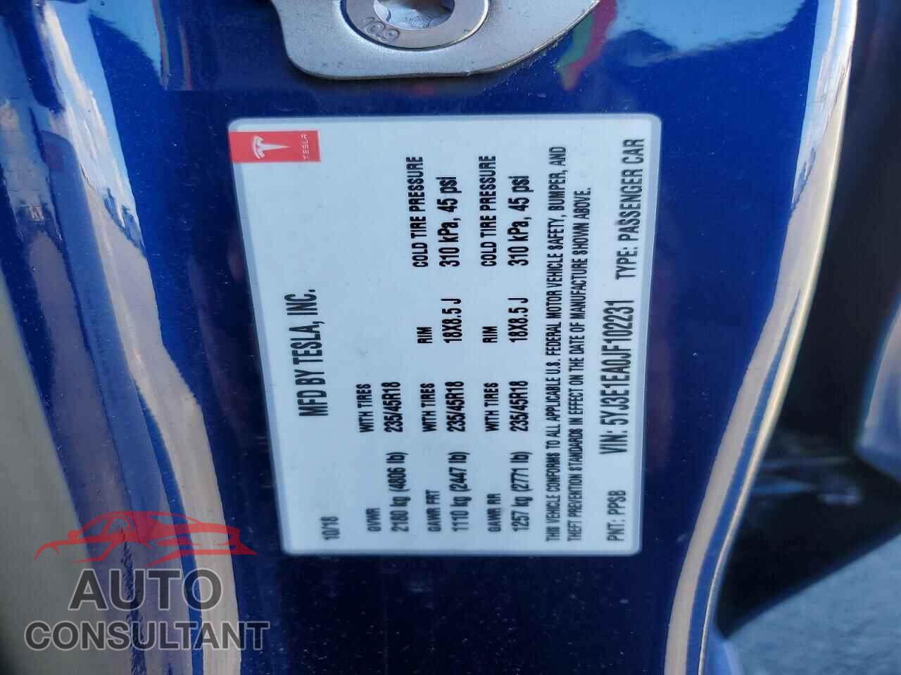 TESLA MODEL 3 2018 - 5YJ3E1EA0JF102231