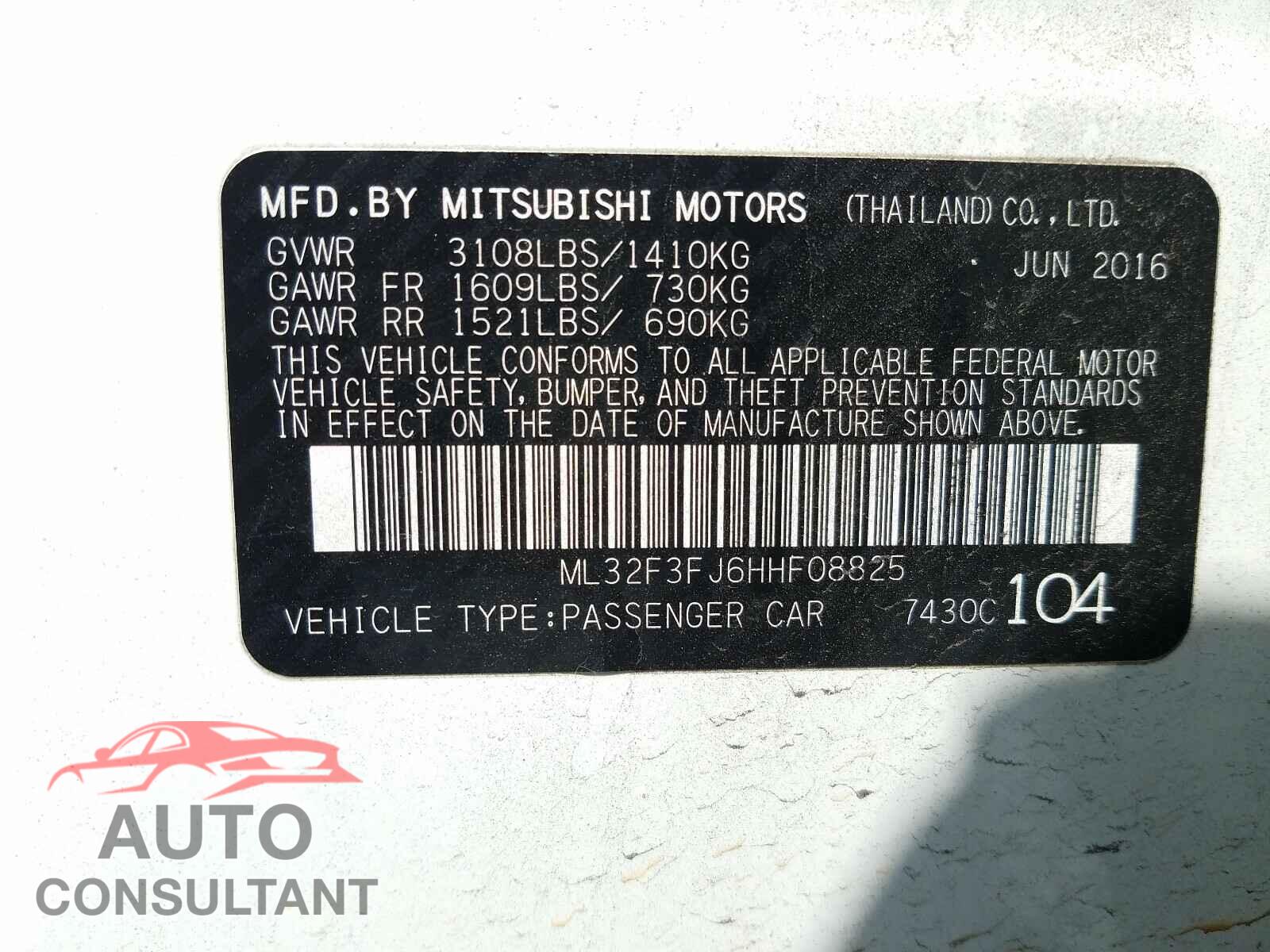 MITSUBISHI MIRAGE 2017 - ML32F3FJ6HHF08825