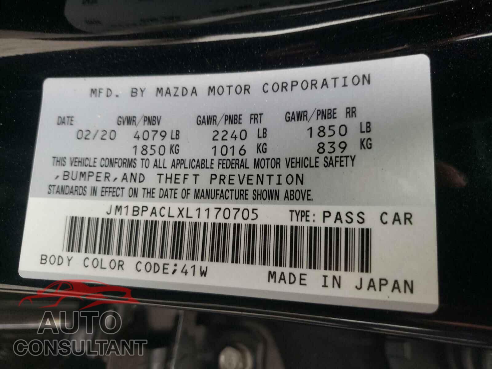 MAZDA 3 2020 - JM1BPACLXL1170705