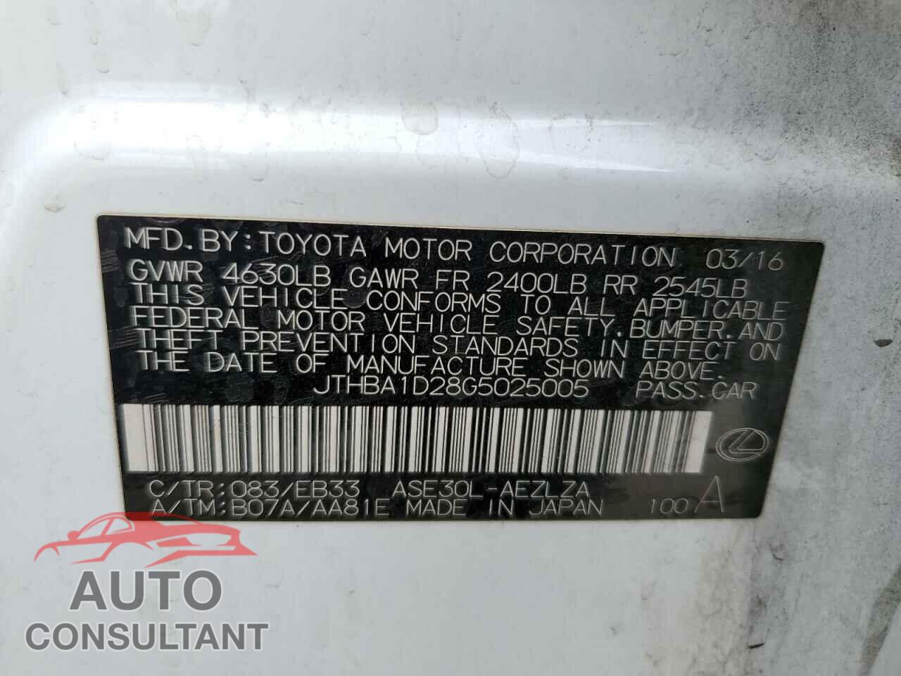 LEXUS IS 2016 - JTHBA1D28G5025005