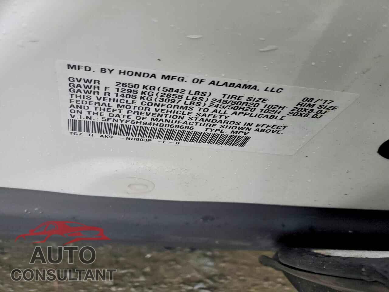 HONDA PILOT 2017 - 5FNYF6H94HB069696